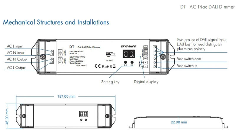 Description Picture 3 of itemDT/DT-B/DT-C/DT-D AC100-240V DALI AC Triac Dimmer Series 1CH*1.5A for Single Color Dimmable LED Light Incandescent Lamps Switch
