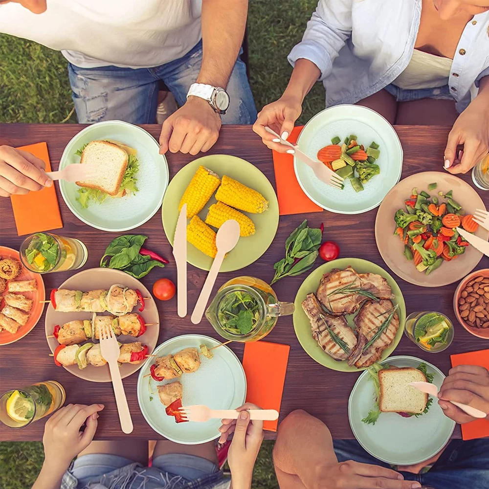 Description Picture 5 of item10/100/500Pcs Disposable Wooden Cutlery Forks/Spoons/Cutters Knife Party Picnic Supplies Kitchen Utensil Dessert Tableware 16cm