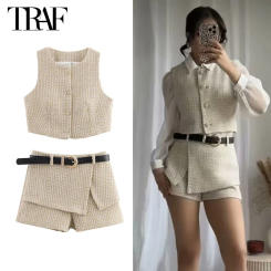 TRAF 2025 Belt Tweed Shorts for Women High Waist Mini Skirt Shorts Woman Summer Fitness Women's Shorts Set Sleeveless Vest Women