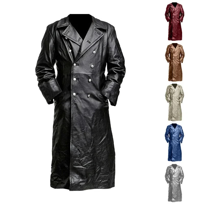 Description Picture 3 of item2024 New Fashion Handsome Everything Trend Autumn Vintage Leather Men Medieval Long Leather Trench Coat  Biker Jacket Men