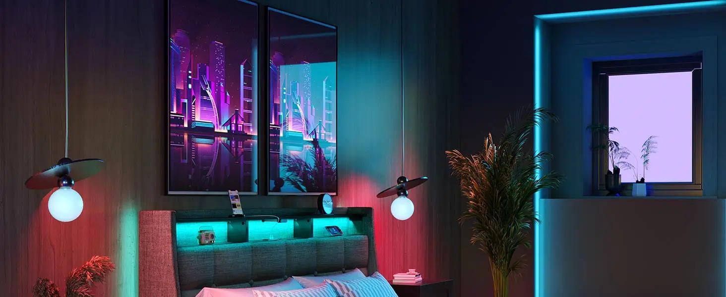 Description Picture 2 of itemTwin Size Bed Frame with LED Lights Charging Station Upholstered Headboard Storage Drawers Sturdy Wood Slats Easy Assembly