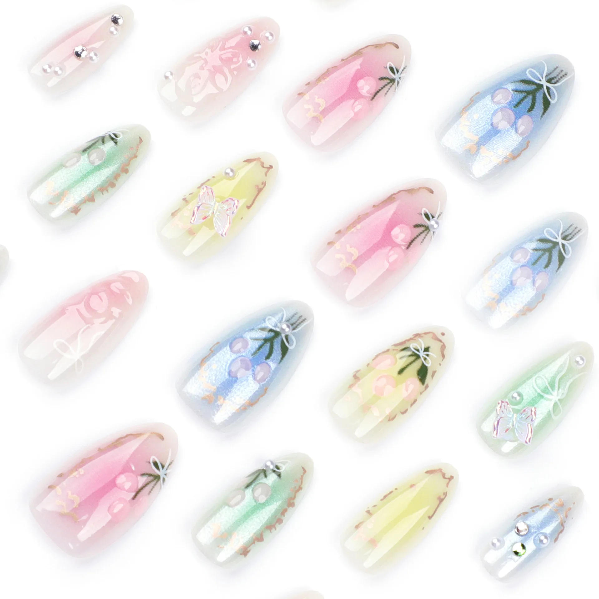 Description Picture 4 of item24pcs Short Almond Press on Nails 3D Flower Butterfly Fake Nails with Glue Colorful Natural Acrylic False Nails Full Cover Nails