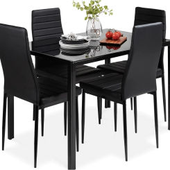 Glass Dining Set Modern Kitchen Table Furniture for Dining Room Dinette Compact Space-Saving w/Glass Tabletop PU Chairs