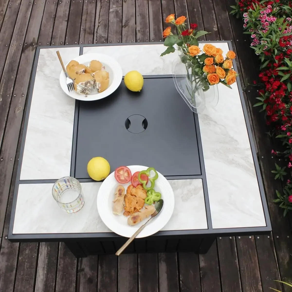 Description Picture 3 of item30" Propane Fire Pit with Real Ceramic Tabletop, 50000 BTU Gas Fire Pit Table with Lid&Glass Rock, Outdoor Fire Pit table