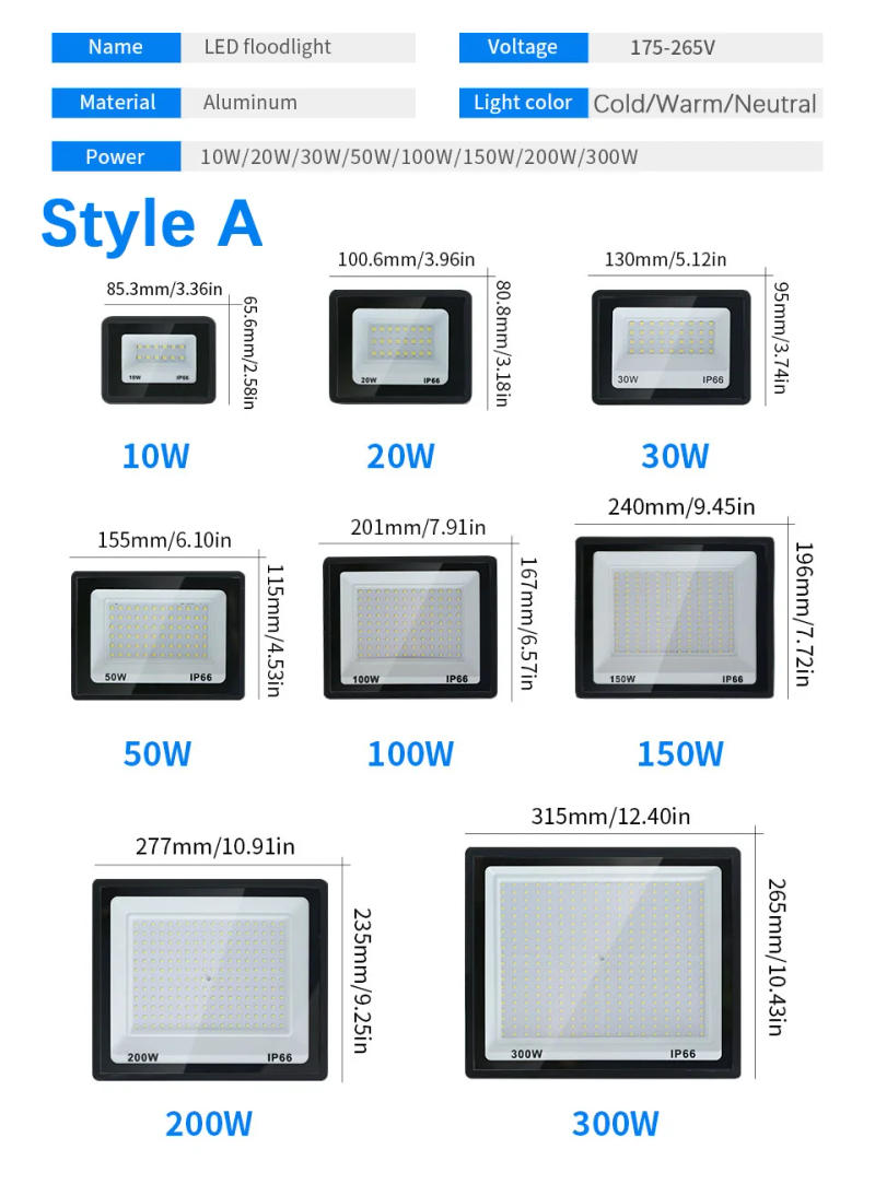 Description Picture 3 of itemLED Floodlight Outdoor Wall Light 3 Colors AC220V 100W 70W 50W 30W 20W 10W IP66 Waterproof Outdoor Garden Spotlights Led Lights