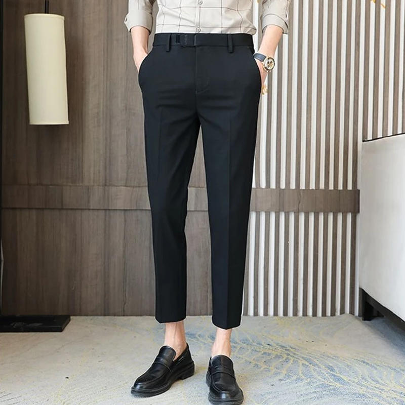 Description Picture 6 of itemMan Suits Pants Business Slim Fit Tressed Trousers for Men 9 Cropped Straight Social Tailoring Spring Clothes Slacks Formal Up