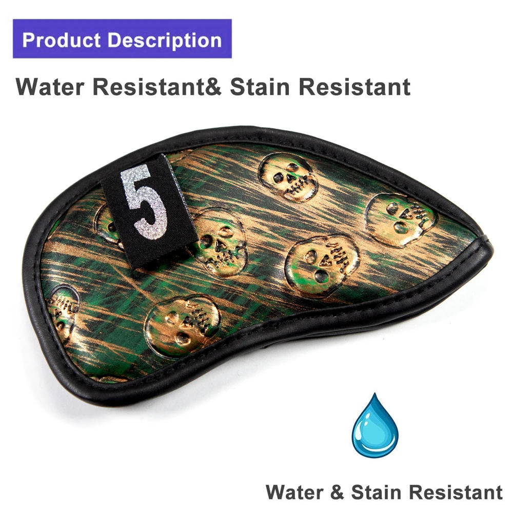 Description Picture 6 of item12x Skull Golf Iron Headcover  Anti-Scratch Irons Guard Golf Club Head Coversiron Protectors Skull Embroidery PU Waterproof