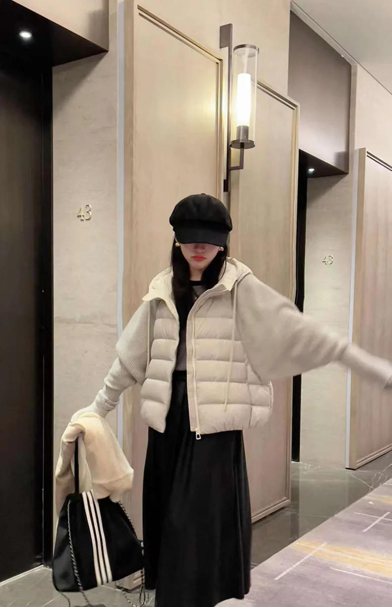 Description Picture 3 of itemWomen Down Coats Hooded Long Sleeve Knit Splice Solid Zipper Pockets Thick Warm Jackets Parkas High Street Winter 2024