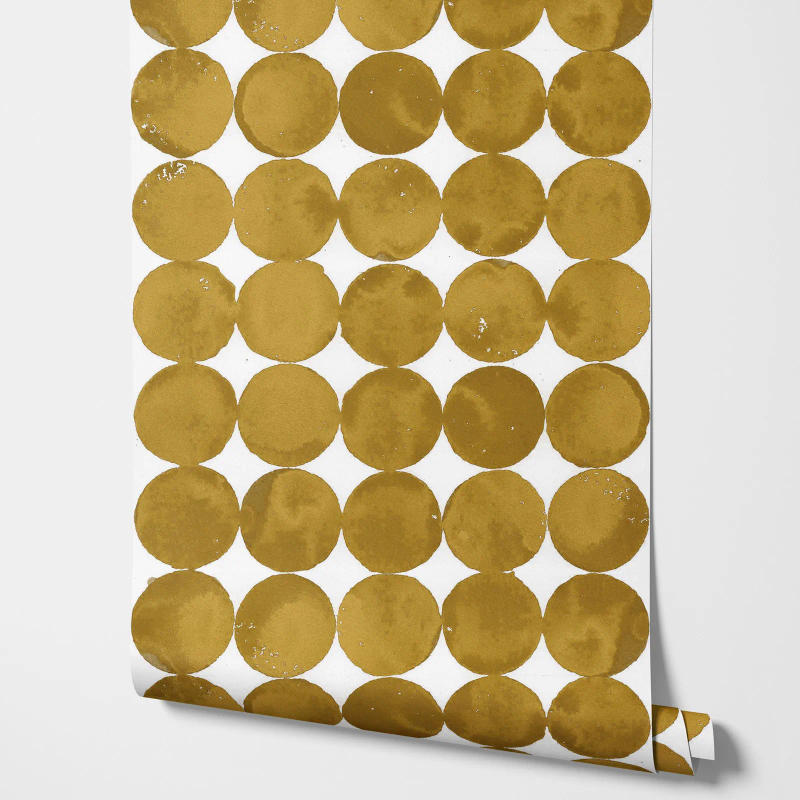 Description Picture 3 of itemThe Moon Shade Wallpaper, Lunar Craters Wall paper Lined up on plain back friezes of monochrome circles in shimmer Golden yellow