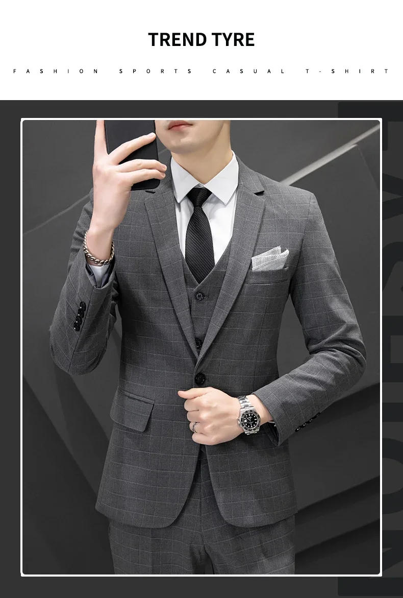 Description Picture 4 of itemMens Suits 3 Piece (blazer+ Vest +pants) Fashion Business Leisure Hosts The Korean Version of Plaid Slim Gentleman Wedding Work