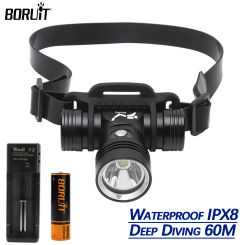 BORUiT Powerful LED Diving Headlamp 60M Deep Diving IPX8 Waterproof Underwater Headlight Professional Scuba Head Flashlight