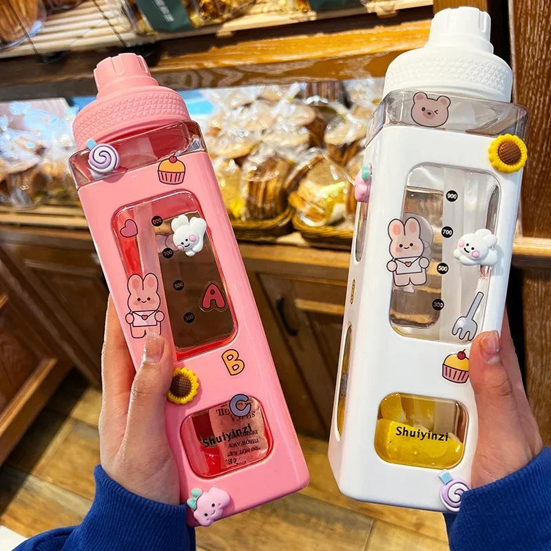 Description Picture 2 of item700/900ml Kawaii Pastel Water Bottle with Straw Girl Plastic Travel Tea Juice Milk Cup Portable Cute Shaker Drink Bottle Gift