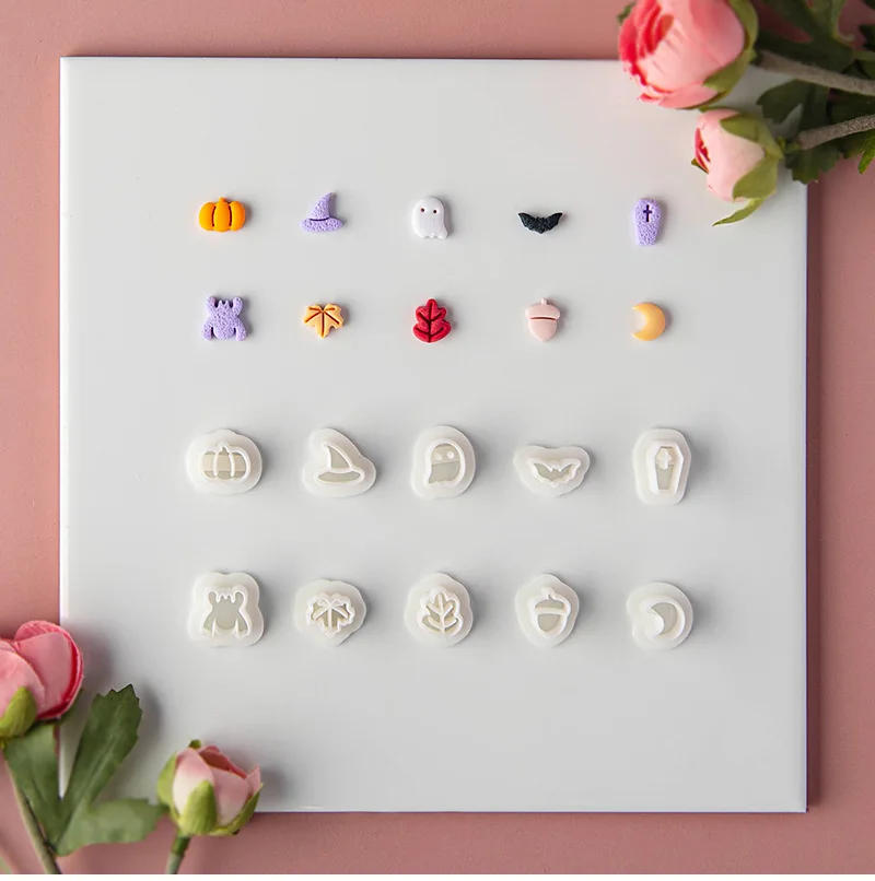 Description Picture 2 of item10 Pcs/set Mini Cartoon Halloween Polymer Clay Cutters Ghost Spider Bat Pumpkin Shaped Clay Molds for Earrings Pendant Making
