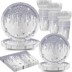 10Guests Silver Disposable Tableware High Quality Shiny Broken Diamond Paper Plate Wedding Birthday Summer Mermaid Party Decor