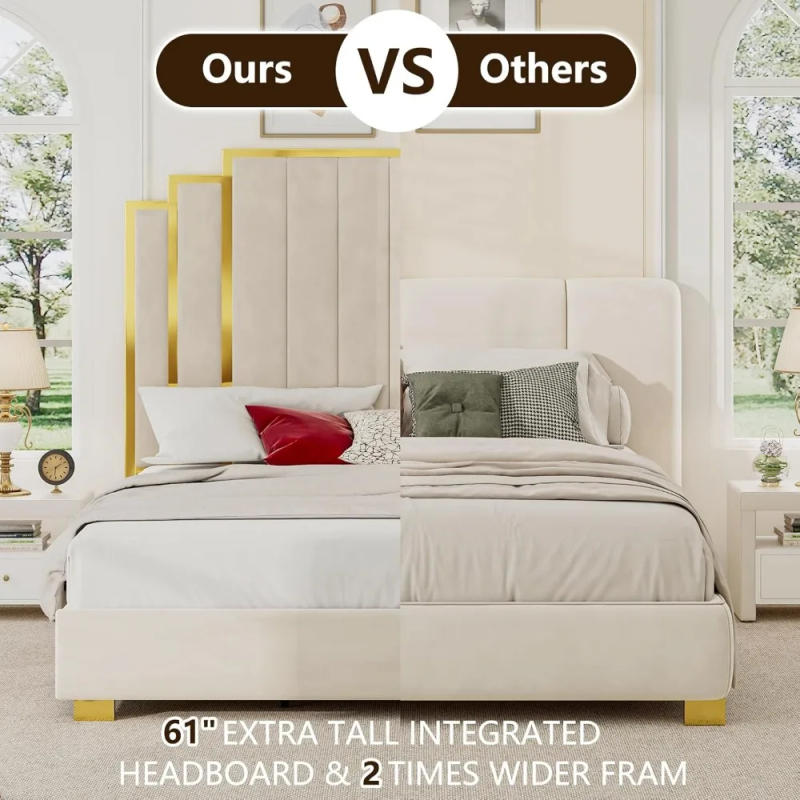 Description Picture 5 of itemQueen Size Platform Bed Frame with 61" Extra Tall Headboard, Velvet Upholstered Bed Wooden Slats/No Box Spring Needed/Noisy Free