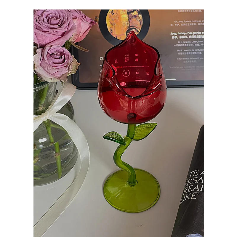 Description Picture 6 of itemFrench Romantic Transparent Rose Glass with Transparent Leaf Cocktail Glass Valentine's Wedding Table Decoration Gift Wine Cup