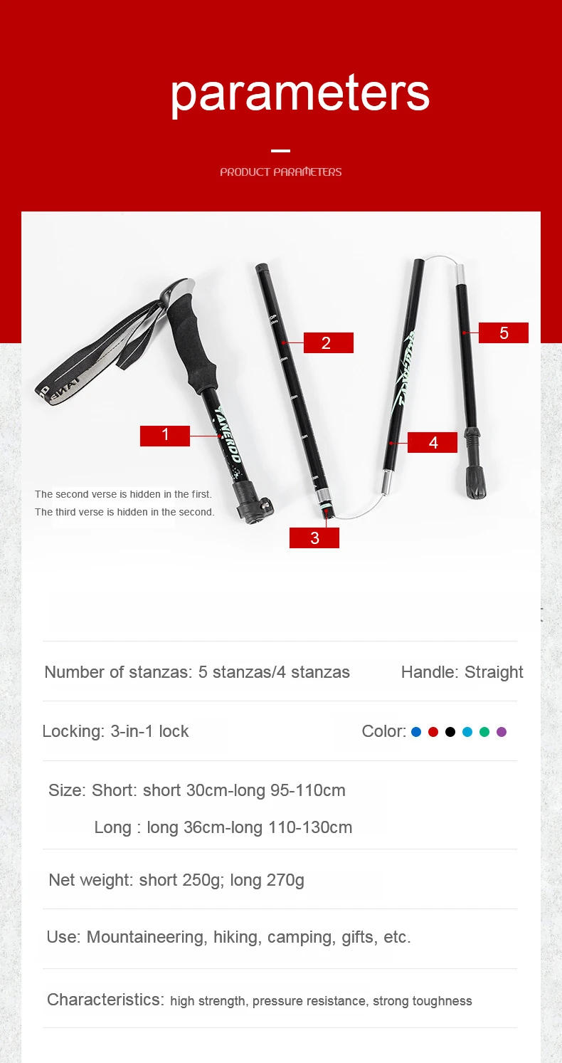 Description Picture 2 of item5 Section Telescopic Stick Walking Stick Aluminum Alloy Folding Cane Lightweight Outdoor Cane Hiking Walking Stick Adjustable