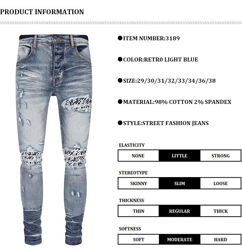 Description Picture 3 of itemHigh Street Fashion Men Jeans Retro Light Blue Stretch Skinny Fit Ripped Jeans Men Bandana Patched Designer Hip Hop Brand Pants