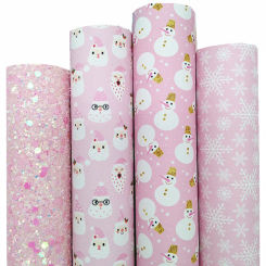 Pink Glitter Leather Sheets Snowmen Stans Snowflakes Printed Synthetic Leather Felt Backing Faux Leather For Bow 21x29CM Q1513