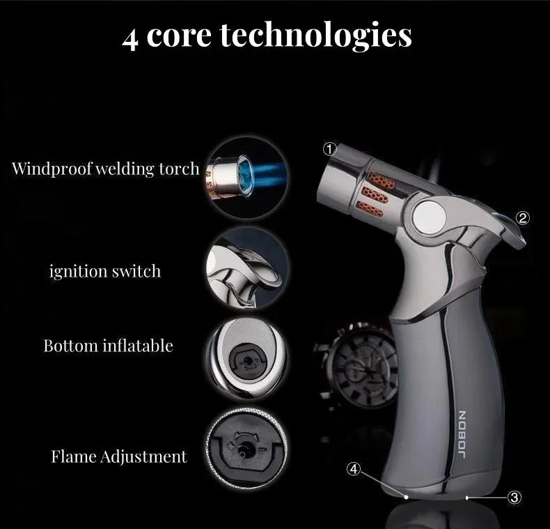 Description Picture 6 of itemJOBON Hot Sale 4 Flame Direct Flush Turbo Torch Butane Gas Lighter H Flame Adjustable Wormwood Cigar Special Windproof Lighter