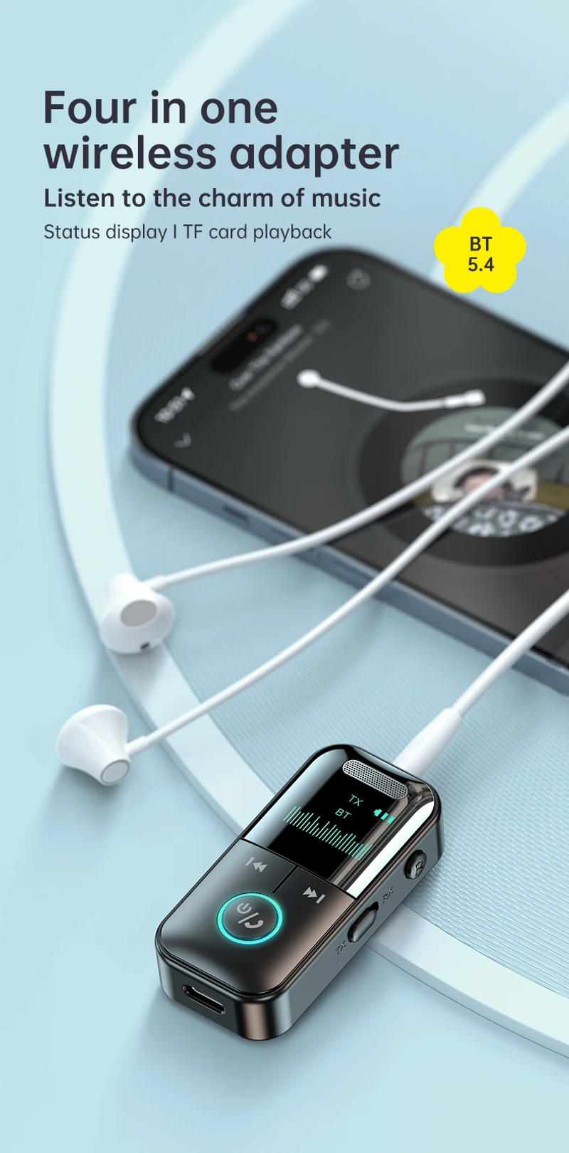 Description Picture 2 of itemBluetooth 5.4 Transmitter Receiver Wireless Audio 3.5mm AUX Adapter Supports TF Card With LED Digital Display for Car Speaker PC