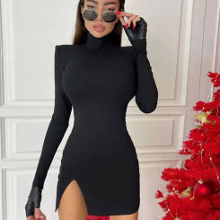 Women Spring Autumn Long Sleeve Bodycon Soild Color Black Slim Package Hip Mini Dress Female Clothing Streetwear