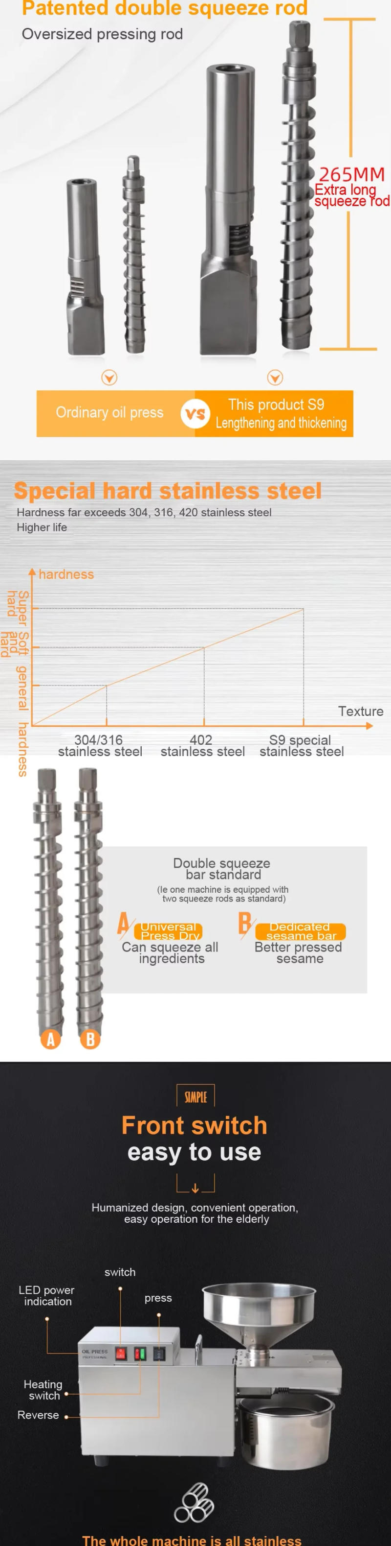 Description Picture 3 of itemNew Stainless Steel Mini Oil Press Domestic Commercial Oil Pressers Temperature Control For Peanut ,Soya Bean ,Groundnut Price