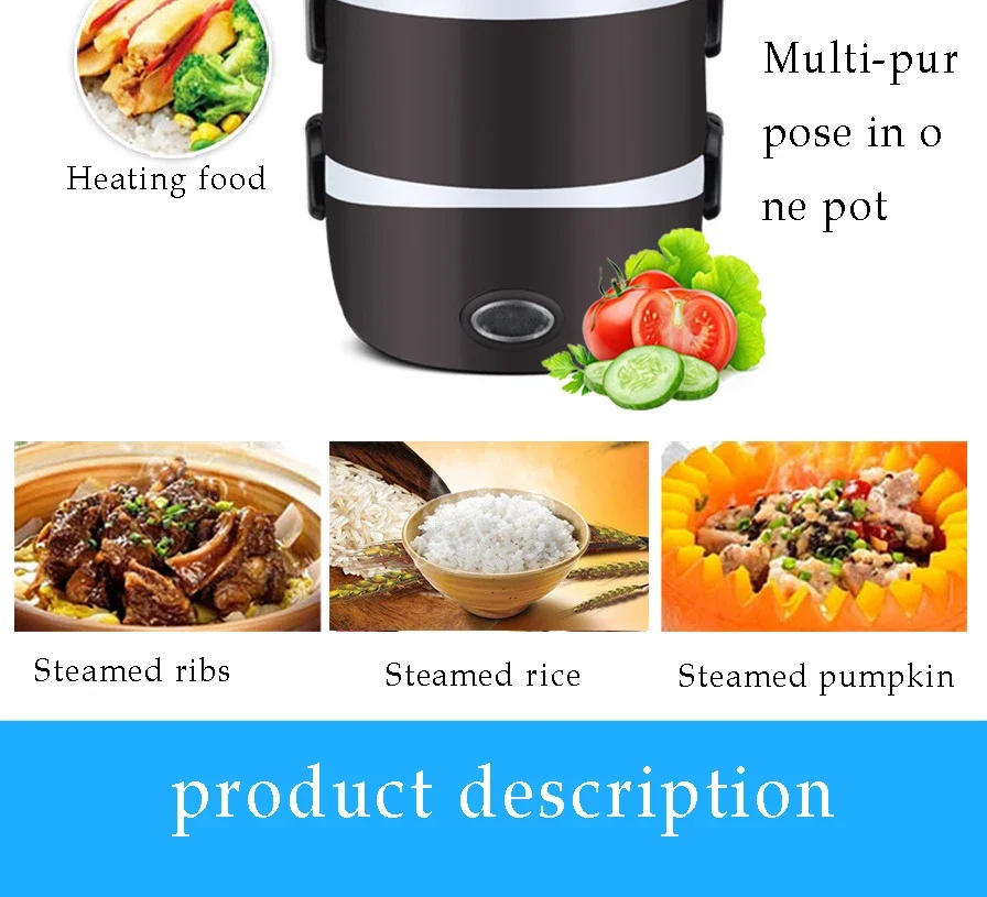 Description Picture 4 of itemMini Electric Rice Cooker Stainless Steel 2/3 Layers Steamer Portable Meal Thermal Heating Lunch Box Food Container Warmer