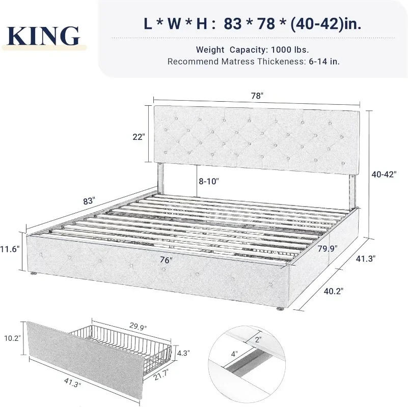 Description Picture 3 of itemUpholstered King Size Platform Bed Frame with 4 Storage Drawers and Headboard Diamond Stitched Button Tufted No Box Needed Grey