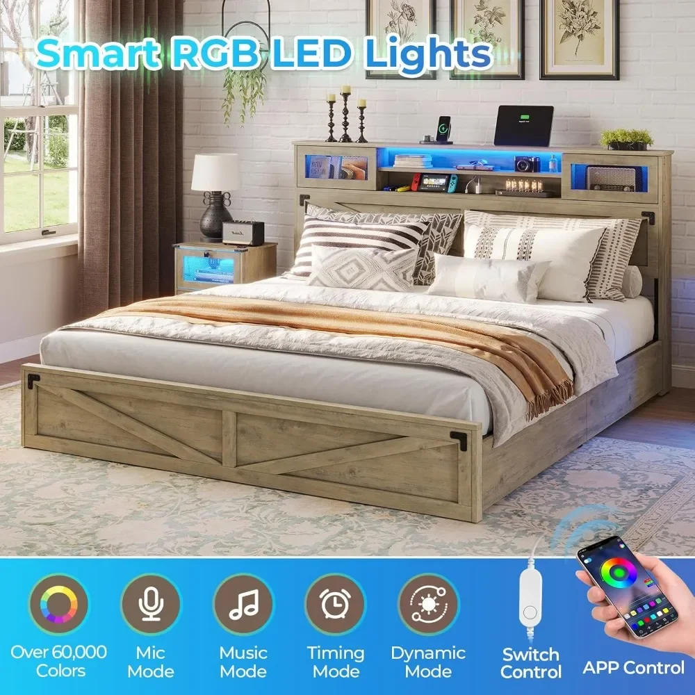 Description Picture 4 of itemKing Bed Frame with Headboard & 2 Drawers, Headboard with LED Lights and Charging Station, Wooden Bed Frame