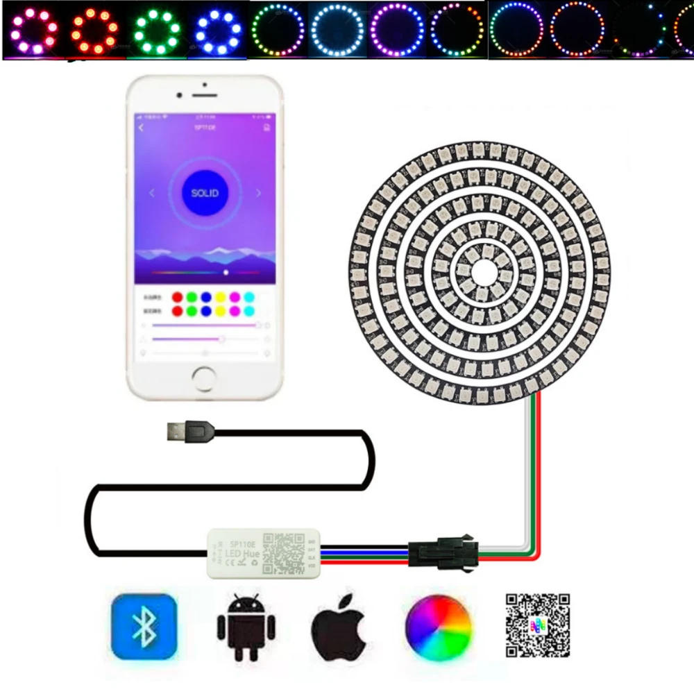 Description Picture 3 of itemLED Pixel Ring WS2812B USB/DC Wire And SP110E Controller Individul AddressabIe 5050 RGB WS2812IC BuiIt-in Led Module or Kits