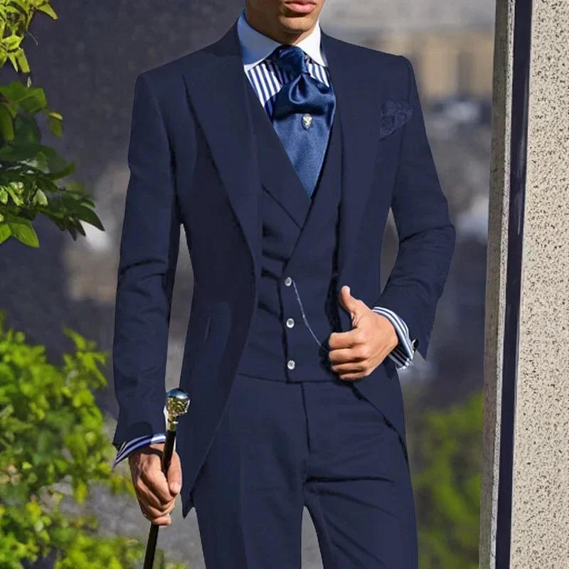 Description Picture 3 of itemLuxury Tuxedo Navy Blue Suits for Men Single Breasted Peaked Lapel Slim Fit 3 Piece Jacket Pants Vest Tailor-made Suits for Men
