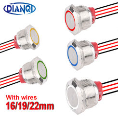 1pc 16mm Anti-Vandal Metal Push Button Switches With 165mm Wires 19mm 22mm Anular Ring Mark 1NO Red Green Blue 3-6V 12V 24V
