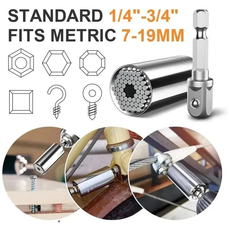 Description Picture 3 of itemUniversal Socket Wrench Head Set Sleeve Gadget 7-19mm Power Drill Adapter Spanner Key Nut Magic Grip Multi Hand Tools multitool