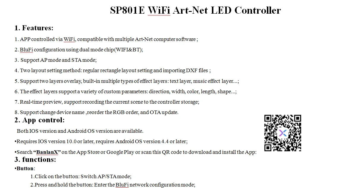 Description Picture 2 of itemSP801E DC5V-24V 12V Art-Net Magic LED WIFI Controller Matrix Panel Module WS2812 WS2811 Light Strip Wireless Control IOS Android