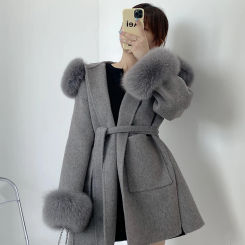 2024 New Oversize Ladies Outerwear Real Fur Coat Winter Jacket Women Natural Fox Fur Collar Cuffs Hood Cashmere Wool Woolen