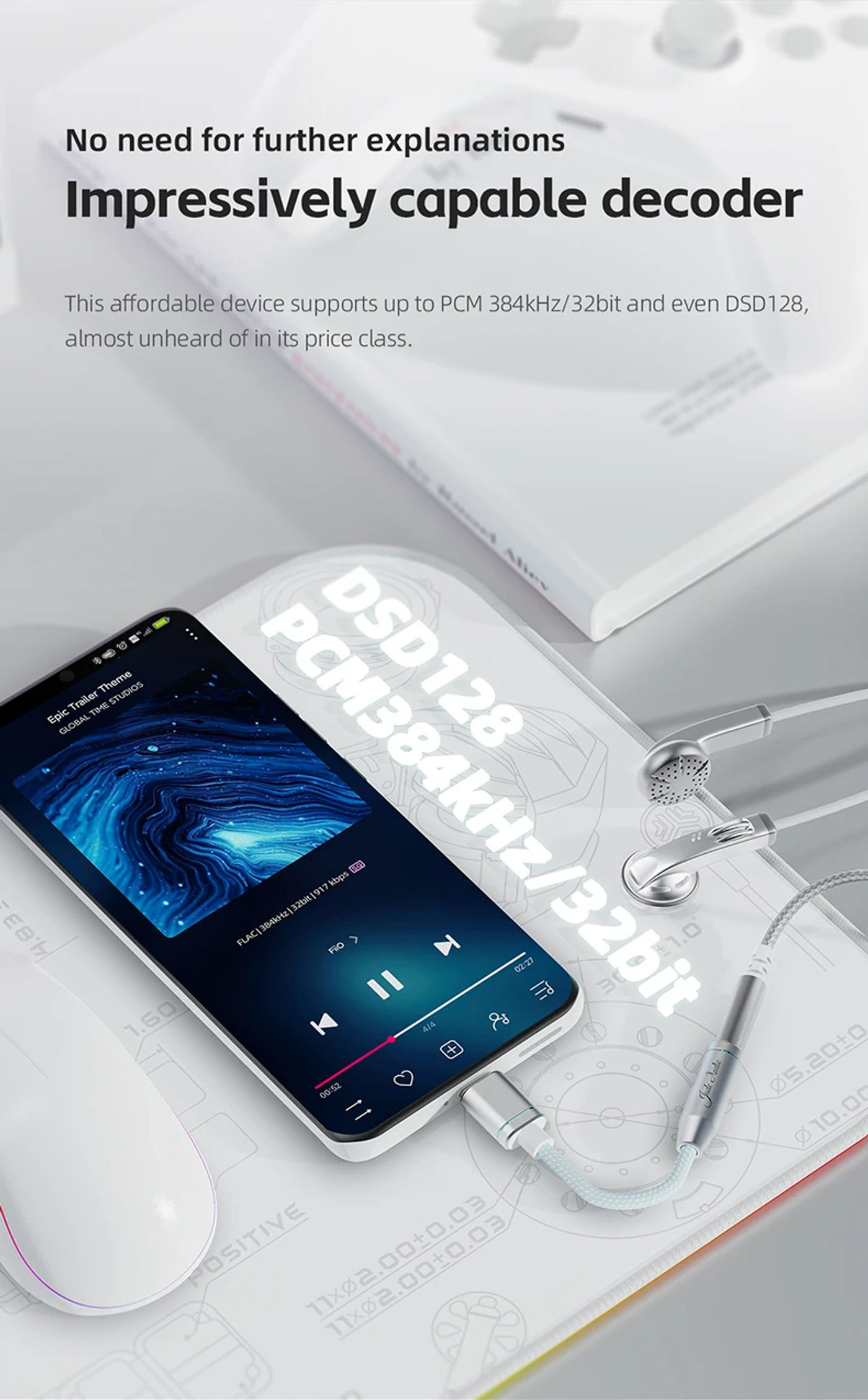 Description Picture 4 of itemFiiO JadeAudio JA11 USB Type C to 3.5mm Headphone Adapter DSD128 USB C Cable USB C to 3.5 Audio Aux Cable For IOS Android