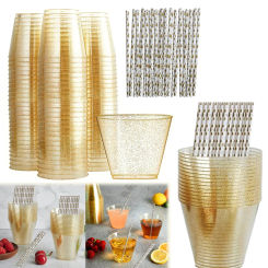 50/100Pcs Christmas Gold Glitter 9oz Clear Plastic Cups with Fun Tumbler Straws Disposable Drinking Cups with Paper Straws