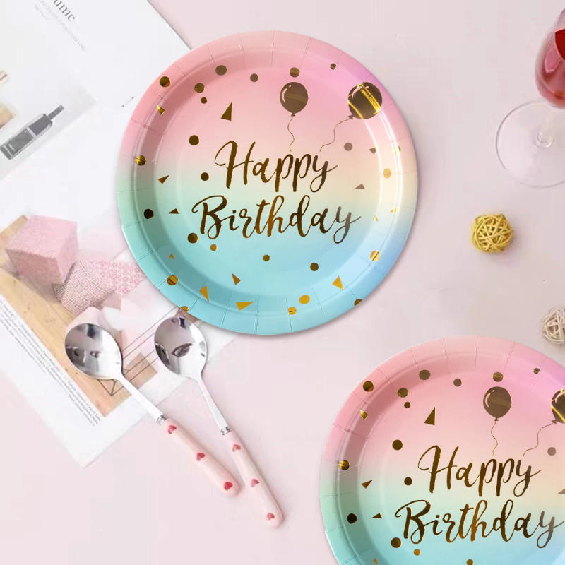 Description Picture 5 of itemRainbow Pastel Disposable Tableware Set Gold Glitter Happy Birthday Pattern Paper Plate Cup Napkins for Birthday Party Supplies