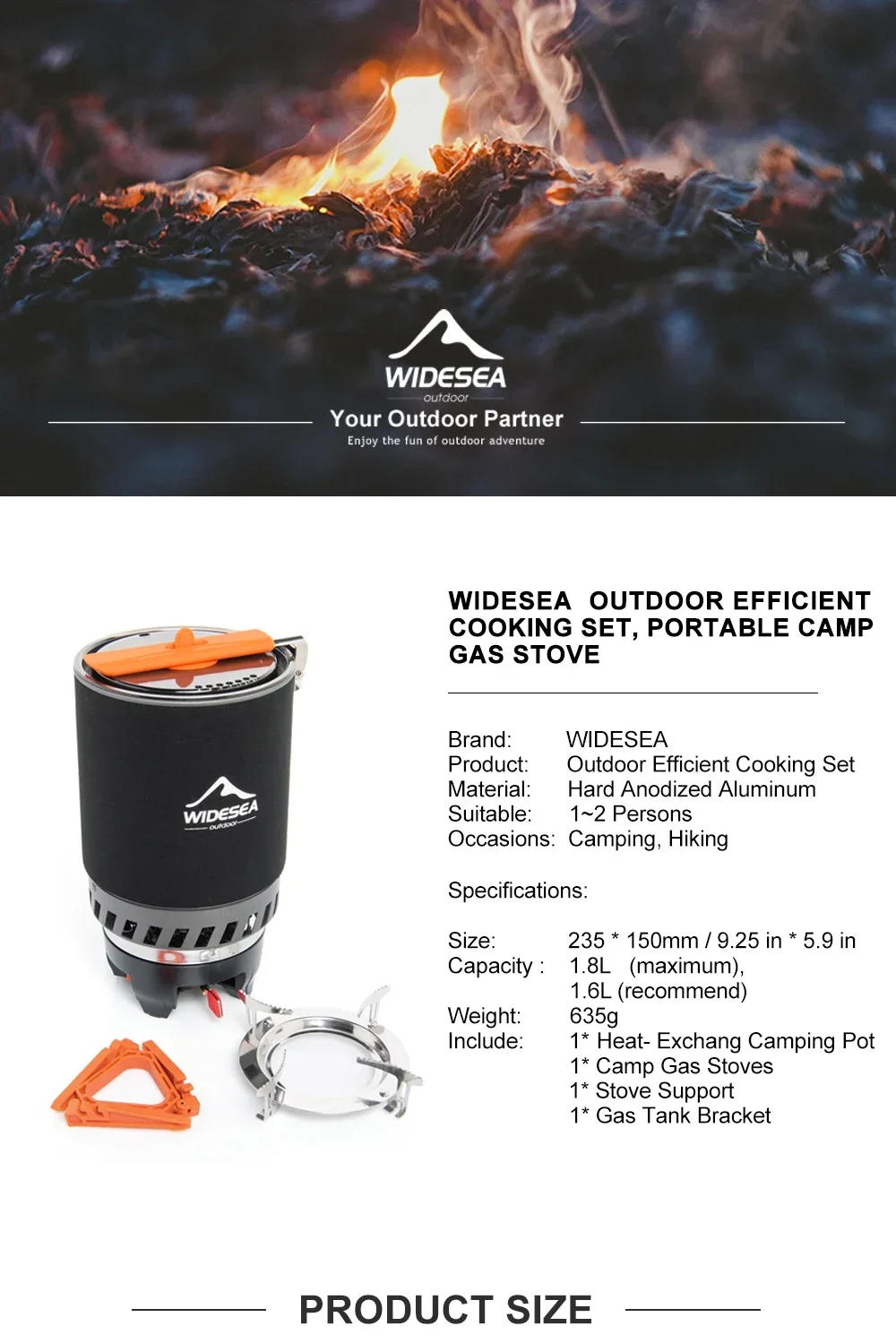 Description Picture 6 of itemWidesea Camping Cooking System Heat Exchanger Outdoor Gas Stove Burner Tourist Pot Cup Cookware Tableware Tourism Bowler Dishes