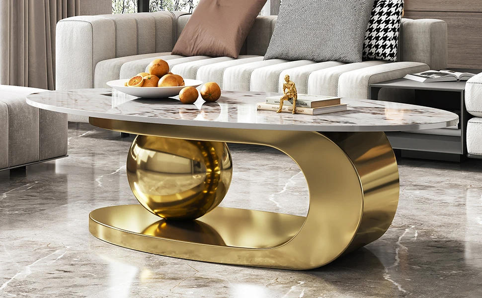Description Picture 6 of item51" Lx28 Wx16.5 H.Modern Oval Stone Coffee Table with Abstract Gold Metal Base - Perfect Centerpiece for Stylish Living Rooms
