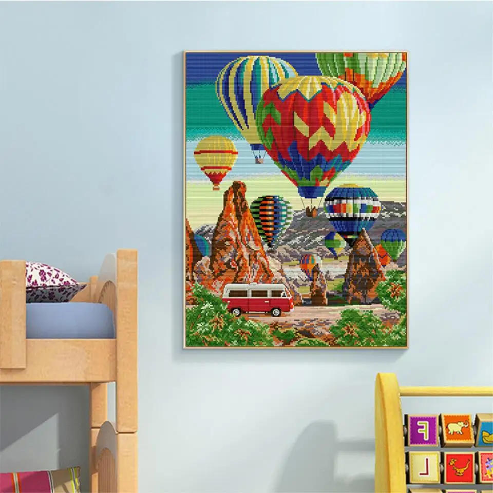 Description Picture 4 of itemColorful Hot Air Balloon Pattern DIY Hand Cross Stitch Kits 14CT 11CT Count Printing Fabric Needle Thread Sewing Set Home Decor