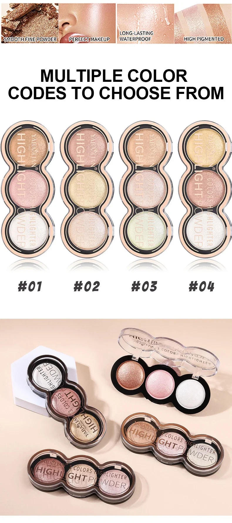 Description Picture 6 of item3 Colors High Gloss Highlighters Palette Makeup Face Brighten Contour Blush Waterproof Shimmer Powder Body Illuminator Cosmetics