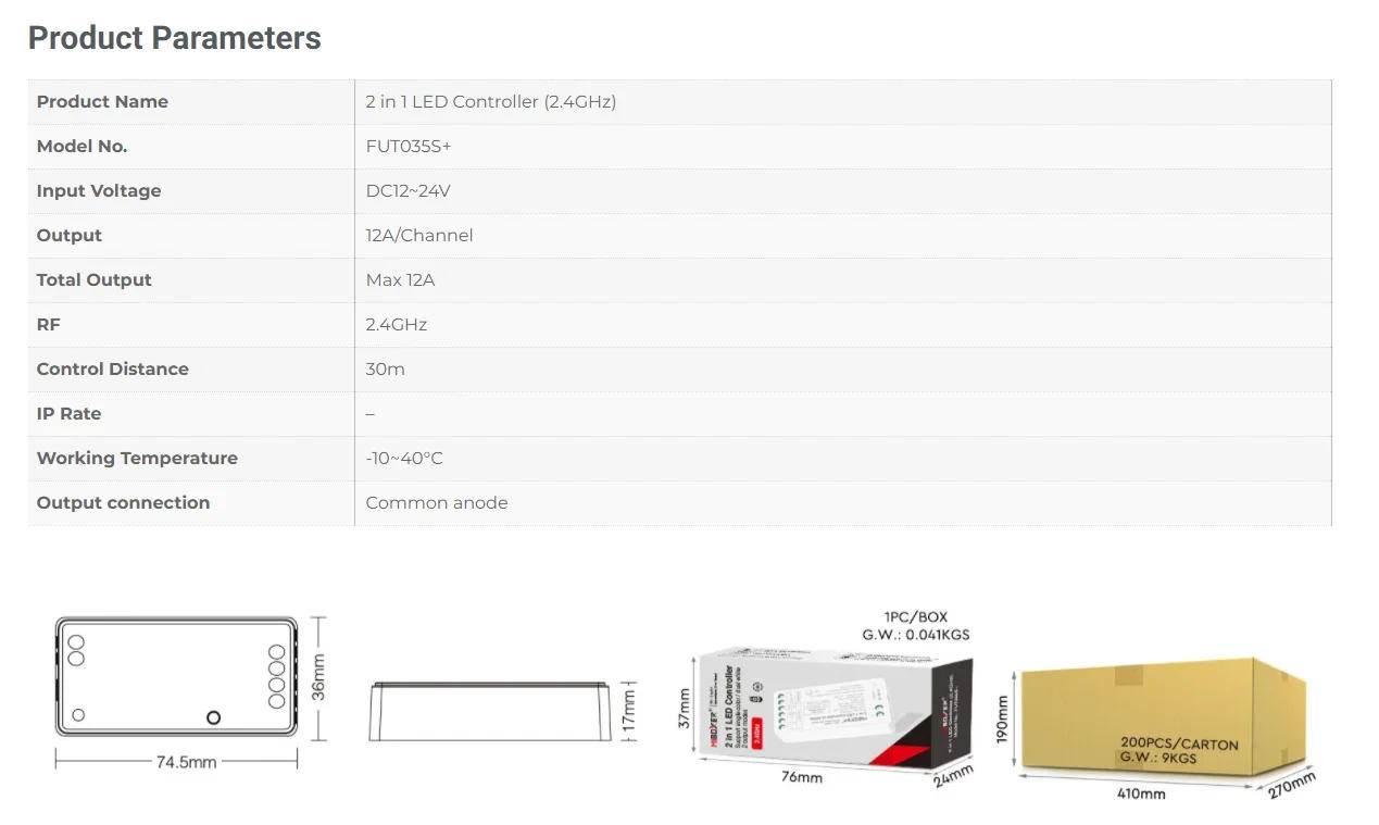 Description Picture 4 of itemMiboxer FUT035/36S+ 2 IN 1 Single Color CCT Dimmer  FUT037/38/39S+ 3 IN 1 Controller RGB RGBW RGB+CCT DC12V-24V 2.4G RF Wireless