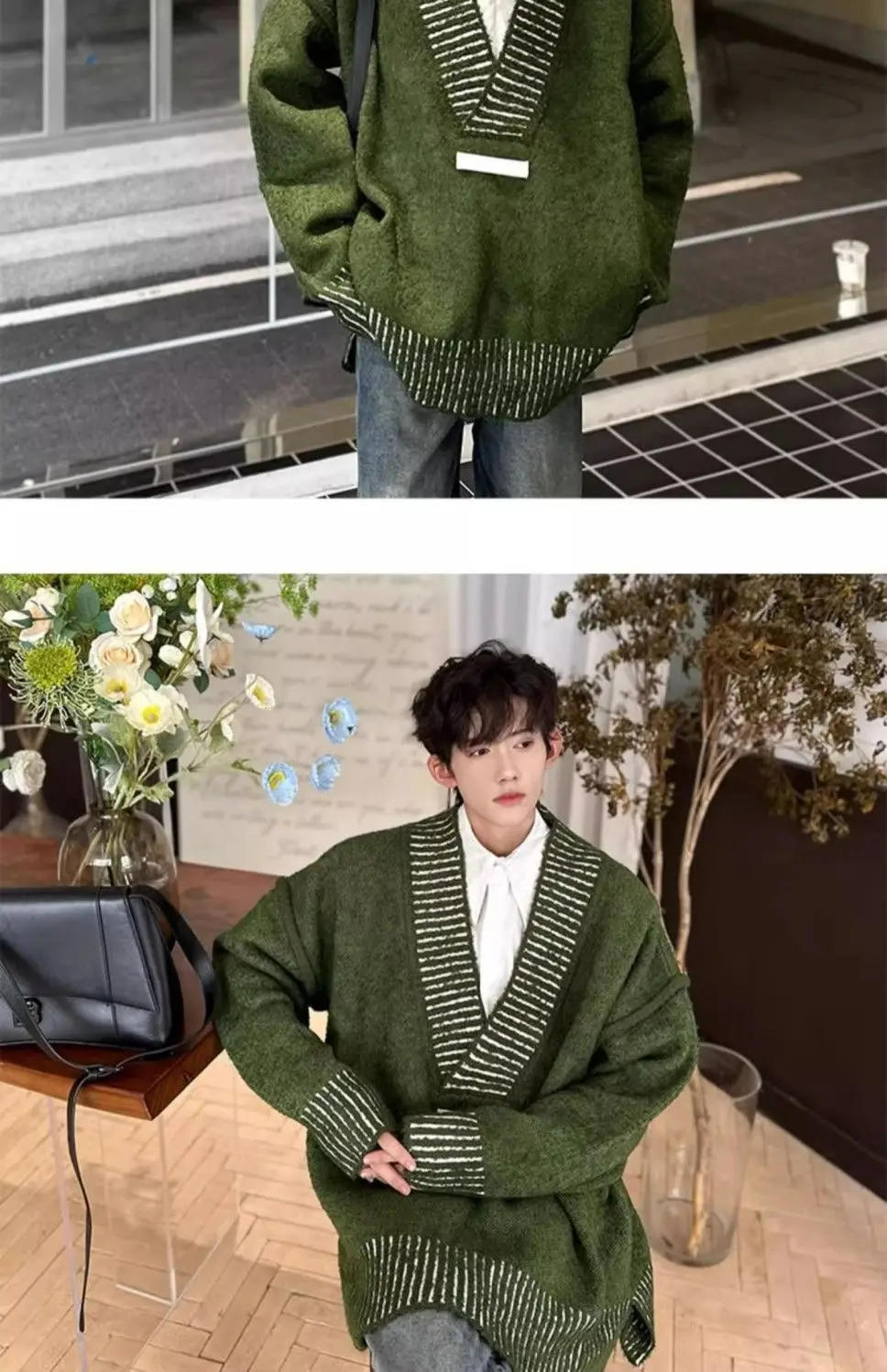 Description Picture 3 of itemAmerican Vintage Contrasting Color Splicing Slit Sweater Couple Loose Casual High Street Sweaters Pullover Male Clothes