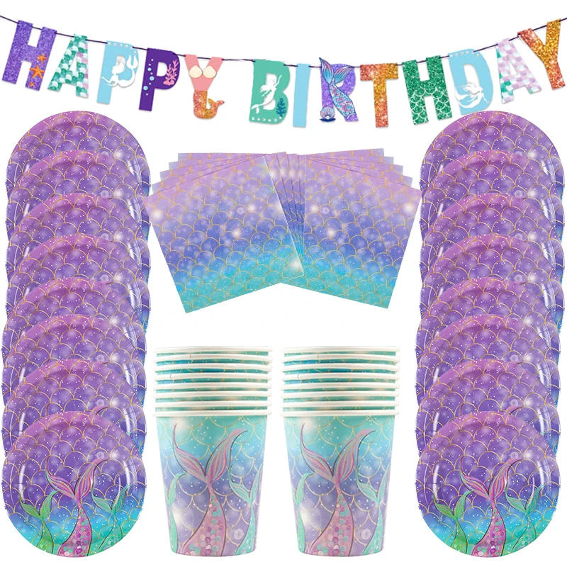 Description Picture 2 of itemLittle Mermaid Theme Birthday Party Decoration Disposable Tableware paper Cup Plates tablecloth Girls Mermaid Party Supplies