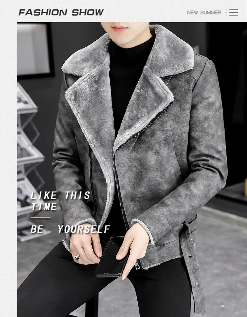 Description Picture 3 of item2024 Men's PU Jacket Leather Coats Winter Mens Fur Collar Warm Slim Faux Leather Motorcycle Jackets Male Biker Coats Clothing