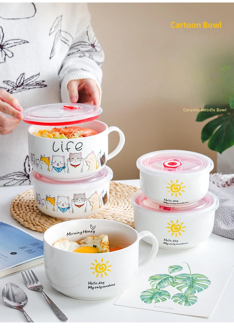 Description Picture 2 of itemLarge Capacity Salad Bowl Noodle Ceramic Bowls with Lid Cute Cartoon Pattern Food Container Household Tableware Kitchen Supplies
