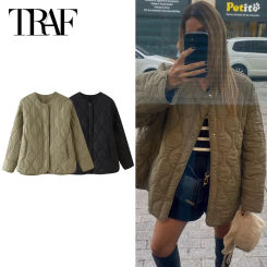 TRAF Cropped Quilted Jacket Woman Demi-Season Short Padded Jacket Parkas Black Army Green Outwears Warm Lightweight Padded Women