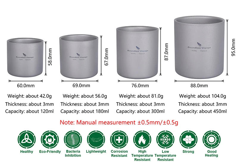 Description Picture 3 of itemOutdoor Camp Titanium Double Wall Cup 450ml Teacups 120ml Mini Cup 180ml Coffee Mug 300ml Camping Tableware Boundless Voyage